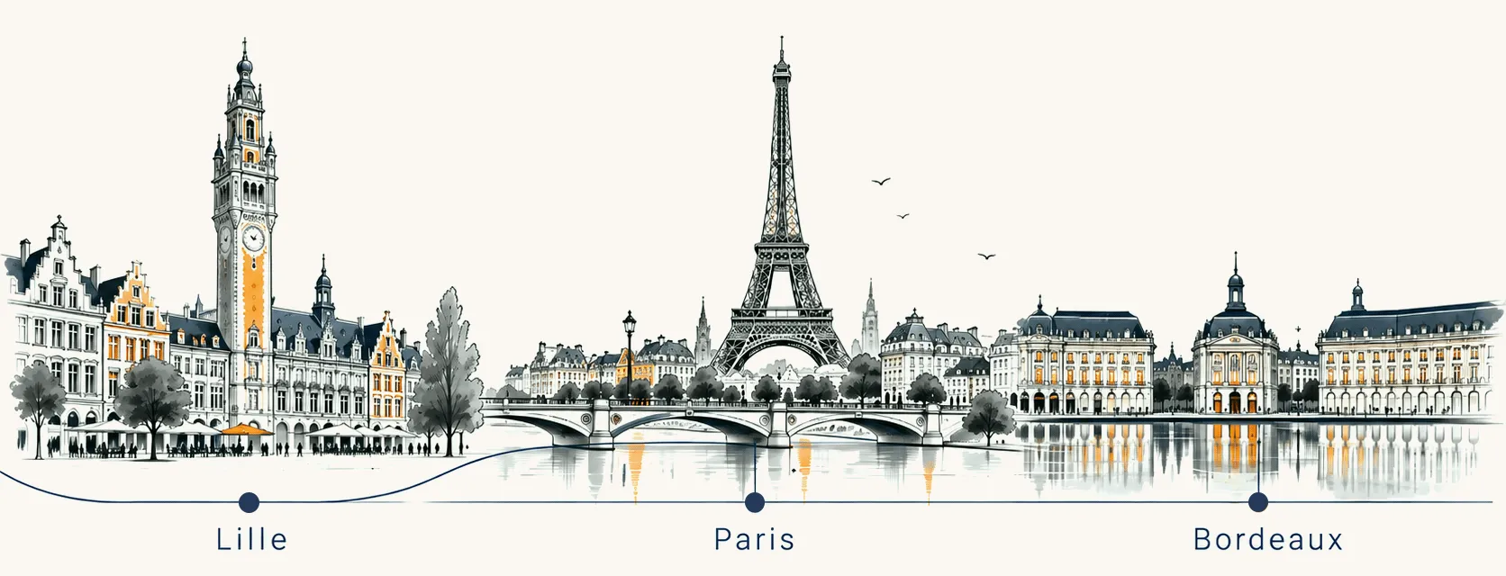 Illustration des trois villes où WeVii est implantée : Lille, Paris et Bordeaux